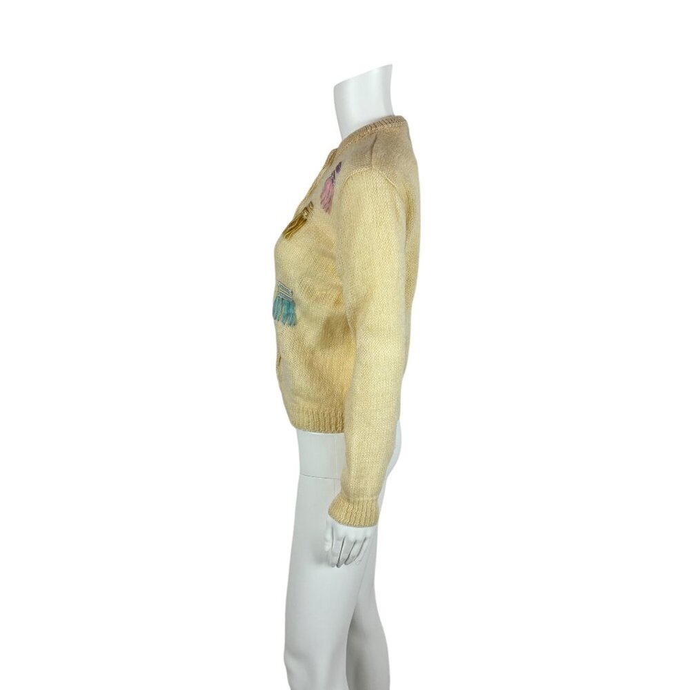 Vintage 60s Mohair Cardigan Women's Medium Pastel Yarn Details Wool Sweater - Picture 7 of 9